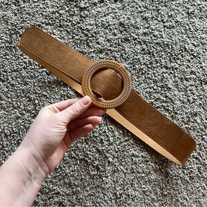 Tan Wide Waist Belt with Round Buckle